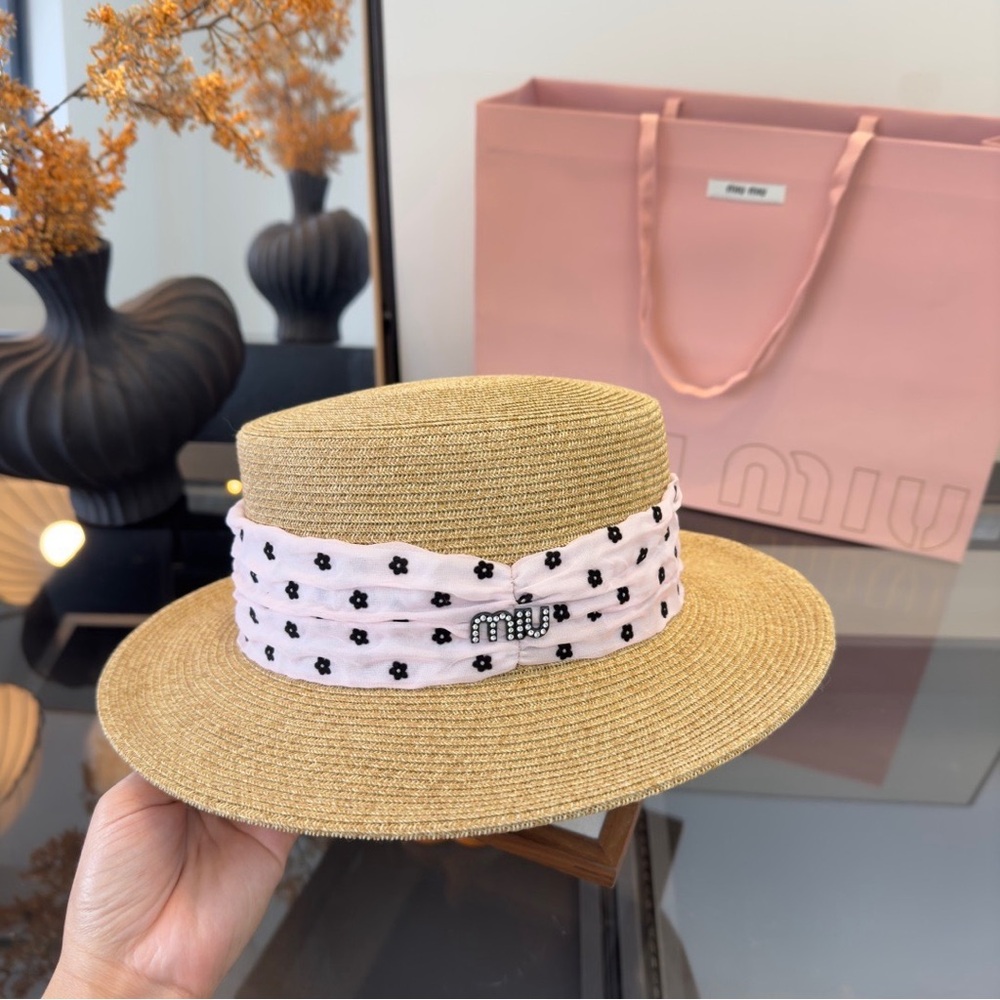 Miu Miu Natural Straw Boater Hat with Pale Pink Polka Dot Band - Picture 9 of 9